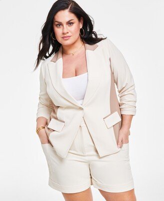 Nina Parker Trendy Plus Size Colorblocked One-Button Blazer - Oat Latte/Portabella