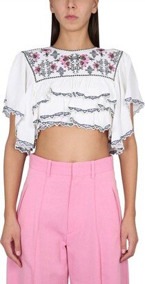 Embroidered Ruffled Cropped Top