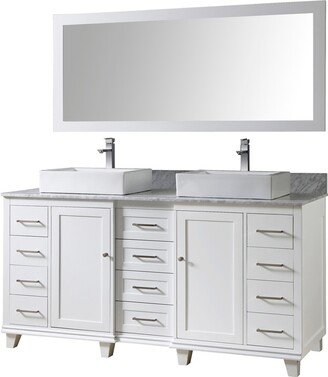 Ultimate Classic 72 In. Vanity In White With Carrara White Marble Vanity Top with vessel sinks and Mirror