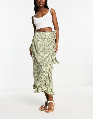 wrap midi skirt with frill detail in green ditsy floral
