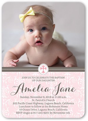 Baptism Invitations: Elegant Cross Girl Baptism Invitation, Pink, Matte, Signature Smooth Cardstock, Rounded