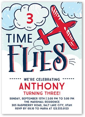 Boy Birthday Invitations: Time Flies Birthday Invitation, Red, 5X7, Matte, Signature Smooth Cardstock, Square