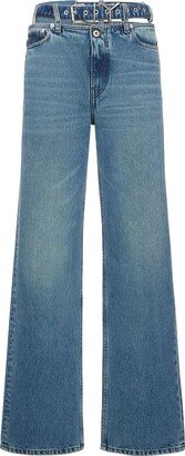 Wide denim jeans w/logo belt