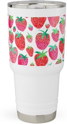 Travel Mugs: Strawberries - Pink Travel Tumbler, 30Oz, Pink
