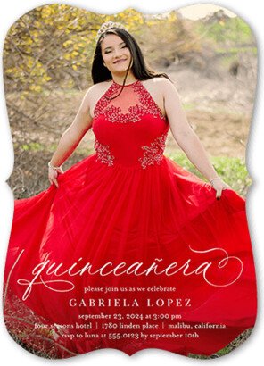 Quinceanera Invitations: Elegant Essentials Birthday Invitation, White, 5X7, Pearl Shimmer Cardstock, Bracket