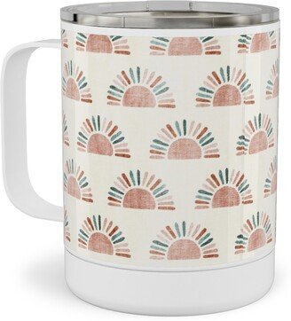 Travel Mugs: Sunshine - Block Print Boho Sun Print - Dusty Pink/Blue/Teracotta Stainless Steel Mug, 10Oz, Pink