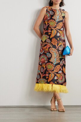 Feather-trimmed Floral-jacquard Midi Dress - Multi