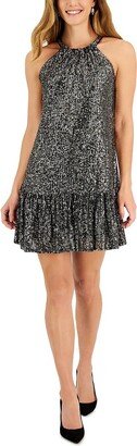 Petites Womens Sequined Halter Cocktail and Party Dress