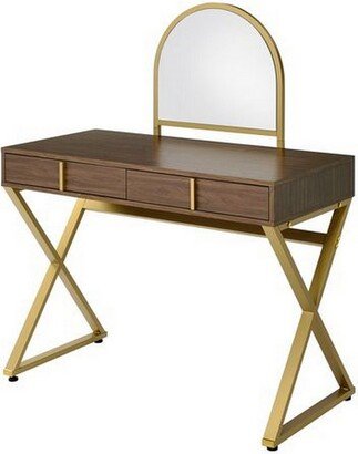 50 Inch Classic Arched Mirror Vanity Desk, Wood, X Metal Frame, Brown, Gold