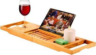 Bambusi Bamboo Bathtub Tray With Extending Sides, Reading Rack, Tablet Holder, Cellphone Tray & Integrated Wine Glass Holder.