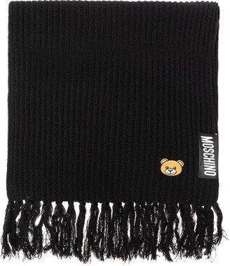 Teddy Bear-Motif Fringed Knitted Scarf-AA