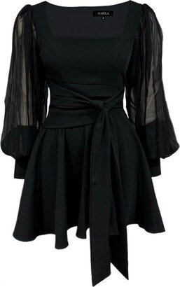 Najela London Mini Skater Stripe Black Matte Dress With Long See-Through Sleeve