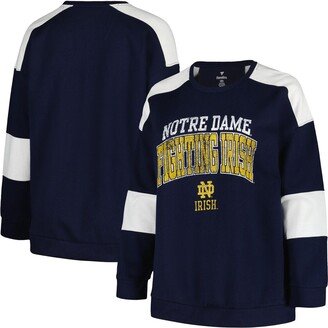 Women's Navy Distressed Notre Dame Fighting Irish Plus Size Striped Pullover Sweatshirt