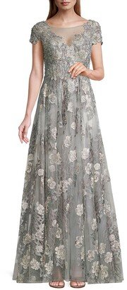 Cap-Sleeve Floral A-Line Gown