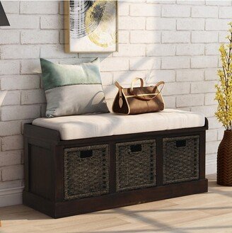 Rustic Storage Bench with Removable Cushion and 3 Removable Classic Rattan Basket Espresso