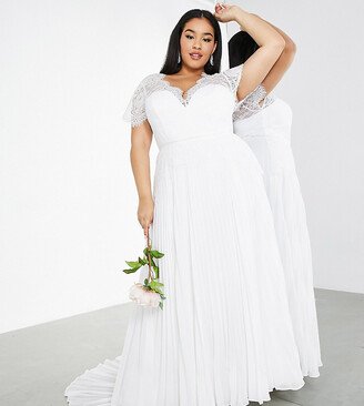 ASOS DESIGN Curve Sophia plunge lace wedding dress with pleated skirt in ivory