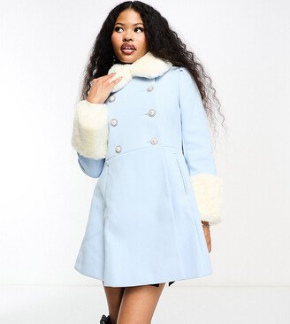 Petite faux fur collar and cuff dolly coat in pale blue