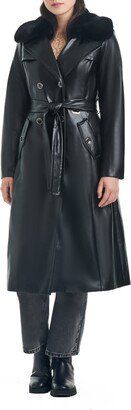 Faux Leather Trench Coat with Removable Faux Fur Collar