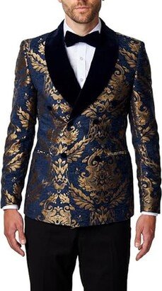 Xposed Gold Brocade on Navy Jacquard Double Breasted Jacket [BLZ-DB-311-BLUE-VELVET-38]