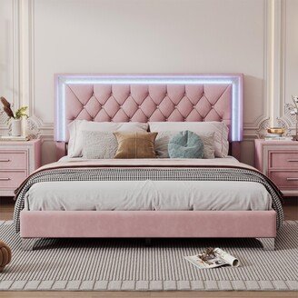 Queen Size Upholstered Bed Frame with LED Lights,Modern Velvet Platform Bed with Crystal Tufted Headboard,Pink-AA