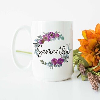 Purple Flower Name Coffee Mug, Custom Floral Microwave Dishwasher Safe, Personalized Gift For Her, Mug With Name, Large