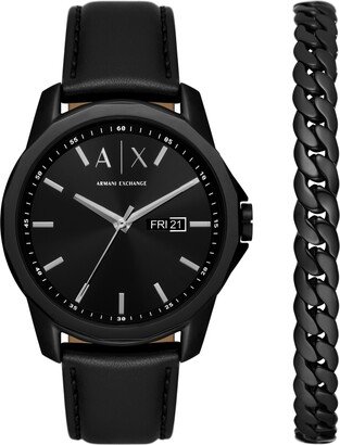 A|X Armani Exchange Men's Three-Hand Day-Date Quartz Black Leather Watch 44mm and Black Stainless Steel Bracelet Set