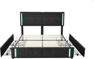 EHEK Queen Size Upholstered Platform Bed with LED Lights and USB Charging, Storage Bed with 4 Drawers for Bedroom, Dark Gray