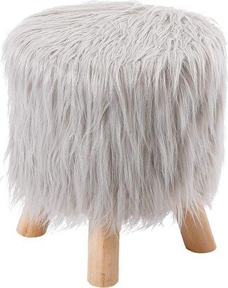 Faux Fur Foot Stool Ottoman with Wood Legs - Silver