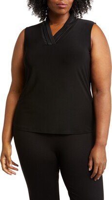 Leather Trim Triple Pleated V-Neck Jersey Top