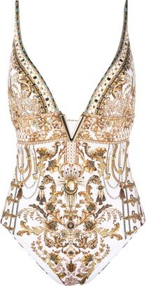 baroque-print V-neck bodysuit