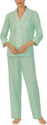 3/4 Sleeve Notch Collar Long PJ Set (Green Gingham) Women's Pajama Sets