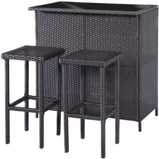 Patio Bar Set,Wicker Outdoor Table and 2 Stools,3 Piece Patio Furniture with Storage 1BK