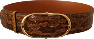 Brown Exotic Leather Gold Oval Buckle Women's Belt