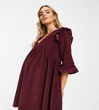 ASOS DESIGN Maternity cord mini smock dress with ruffle shoulder in dark berry