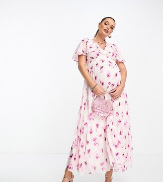 ASOS DESIGN Maternity angel cape sleeve pleated hem midi dress in floral print