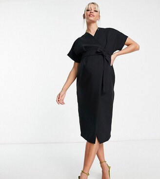 Closet London Maternity kimono wrap midi dress in black