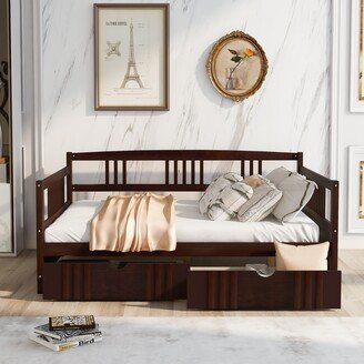 Calnod Daybed with Two Drawers, Solid Wooden Bedframe with Safety Guardrails & Wood Slat Support, No Box Spring Needed-AA