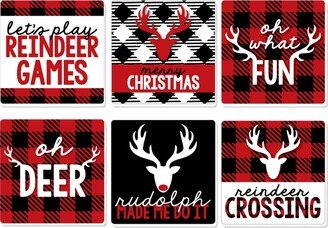 Big Dot Of Happiness Prancing Plaid - Funny Reindeer Christmas Party Decor Drink Coasters - Set of 6