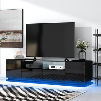 Calnod Minimalist style 70 TV Stand with 2 Drawers, 16-Color RGB LED Light & 2 Storage Cabinets, High Gloss TV Cabinet for Living Room