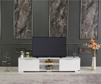 Global Pronex Mid Century Modern Tv Stand 2 Door Cabinets 2 Shelves White 66 inch Tv Unit, White