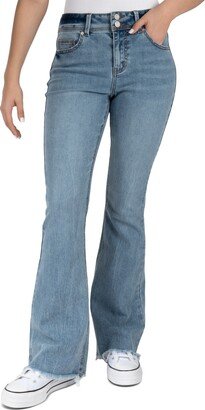 Juniors' High-Rise Double-Button Frayed-Hem Flare Jeans