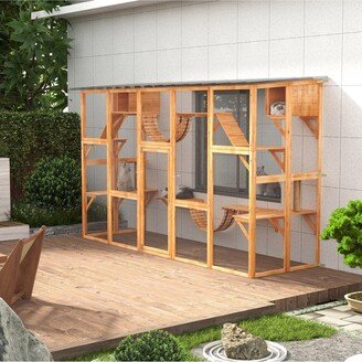 Outdoor Cat House, Wooden Catio, Cat Window Box Outside Enclosure with Weather Protection Roof, Multiple Platforms, Resting Condos, Ramps, Soft