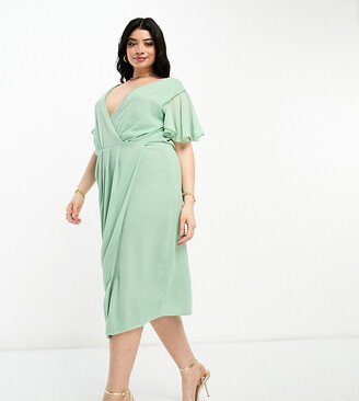 TFNC Plus Bridesmaid chiffon wrap front midi dress with flutter sleeve in fresh sage