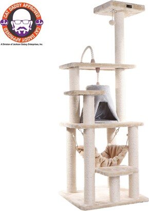 65 Real Wood Cat Tree With Sisal Rope, Hammock, soft-side playhouse - Beige-silver