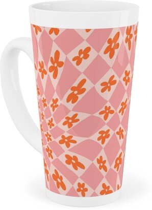 Mugs: Trippy Checker - Floral - Pink And Orange Tall Latte Mug, 17Oz, Pink