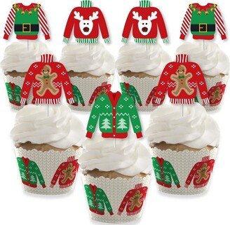 Big Dot of Happiness Ugly Sweater - Cupcake Decoration - Holiday and Christmas Party Cupcake Wrappers and Treat Picks Kit - Set of 24