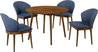 5 Piece Dining Set with Curved Fabric Side Chair, Brown and Blue