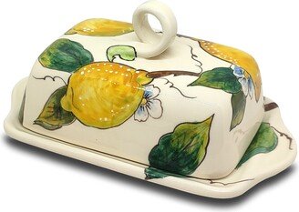 Italian Ceramic Butter Dish With Lid Lemon - Hand Painted Keeper Made in Italy Pottery Holder Covers