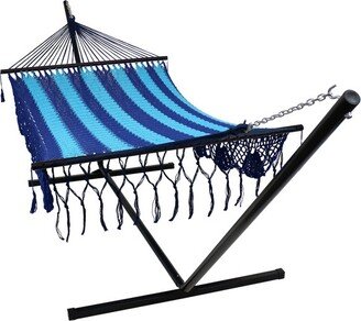 Sunnydaze Decor Sunnydaze Deluxe American-Style 2-Person Hammock with Spreader Bars and Stand - 400 lb Weight Capacity/15' Stand - Blue