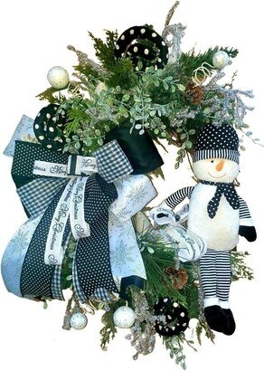 Black & White Christmas Wreath, Winter Snowman Grapevine Snowy Pine Modern Door Wreath